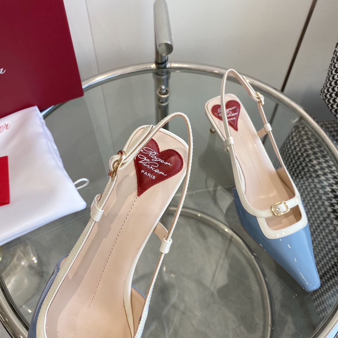2025 Women Roger Vivier Blue White Patent Leather Slingback Pumps KFY00340