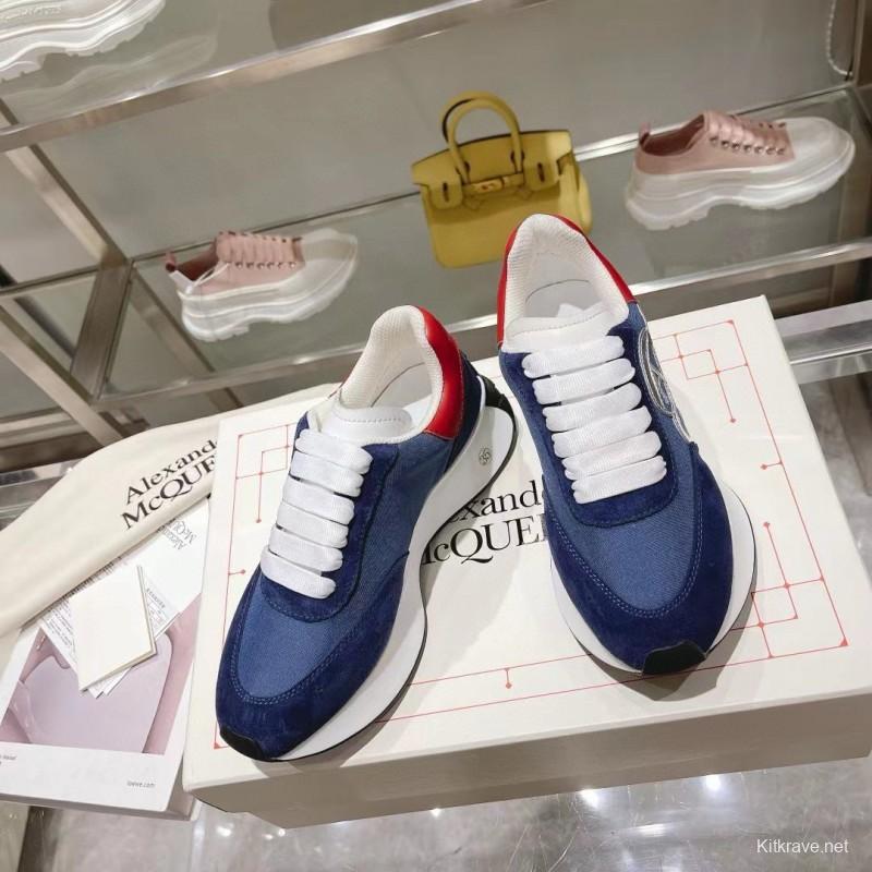 2024 Unisex Alexander McQueen Blue Red Leather Suede Mesh Sneakers MJ00370