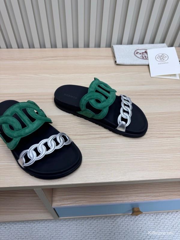 2025 Slippers Hermès Green Black Suede Leather Slippers
