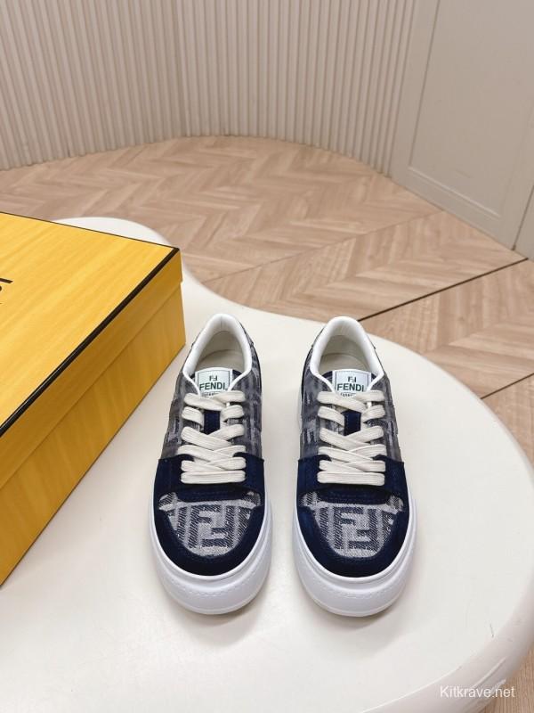 2025 Women Fendi Navy Grey Leather Canvas Sneakers LY00340
