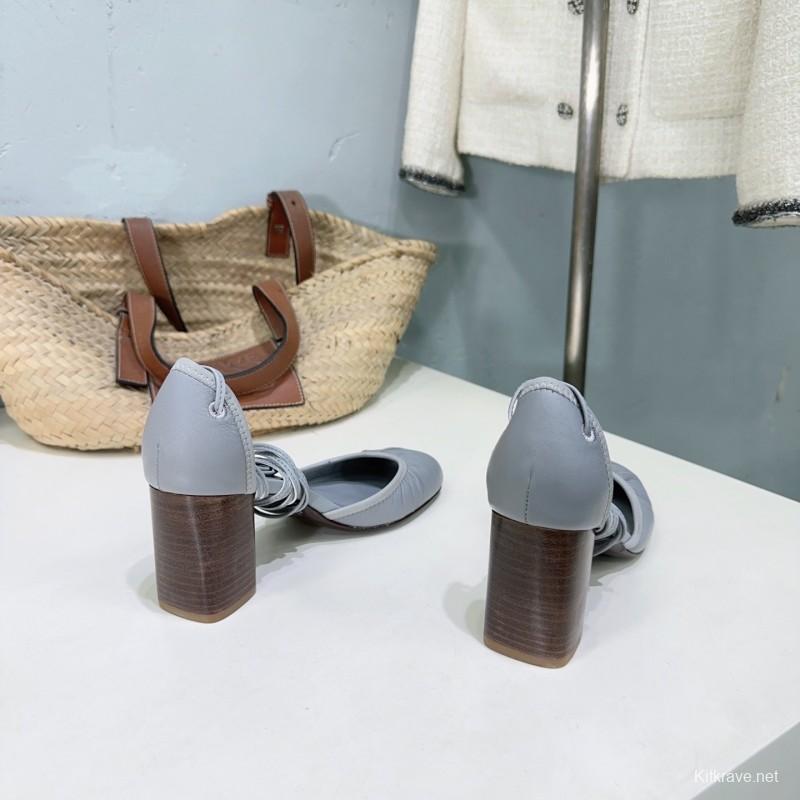 2025 Women LEMAIRE Grey Leather Mary Jane Block Heel KFY00300