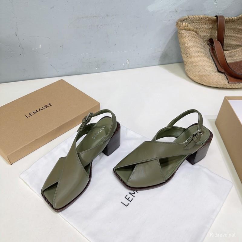 2025 Women Lemaire Green Leather Heeled Sandals KFY00310