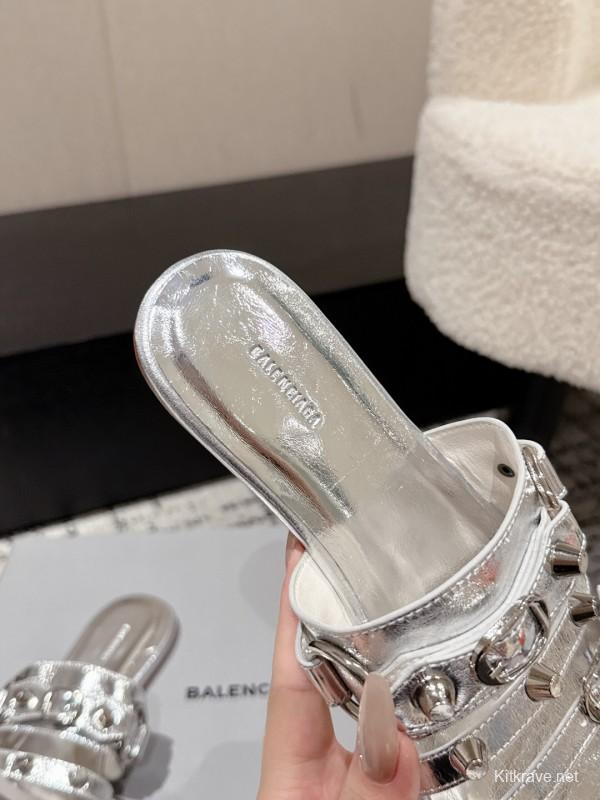2025 Slippers Balenciaga Silver Leather Metal Buckle KFY00289