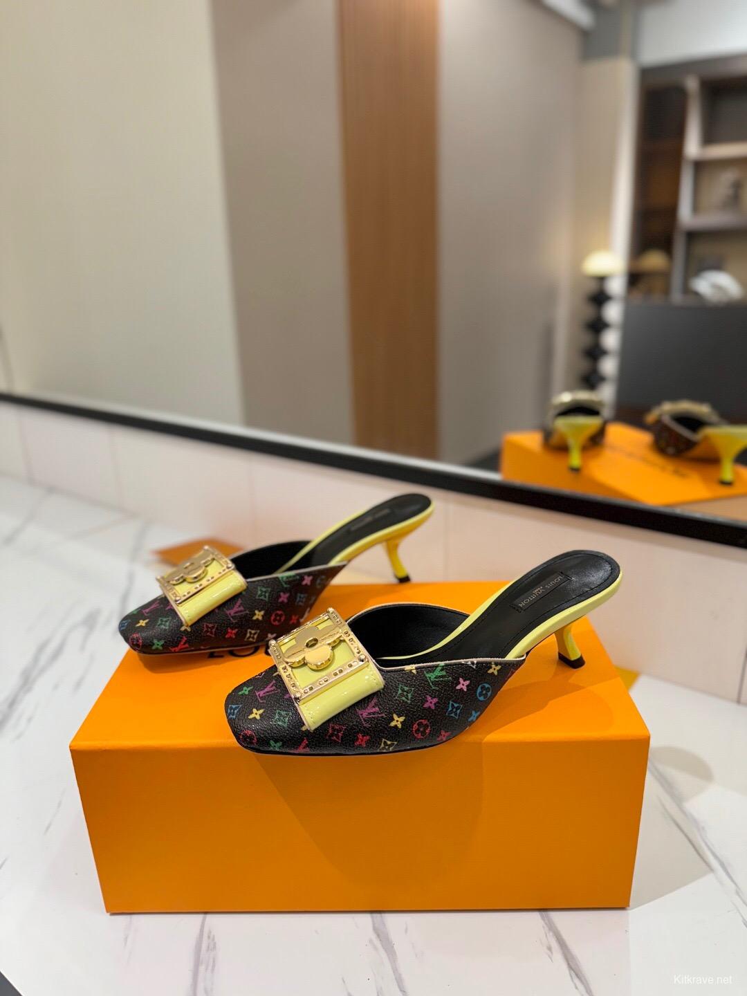 2025 Women Louis Vuitton Black Multicolor Canvas Leather Mules Buckle KFY00320