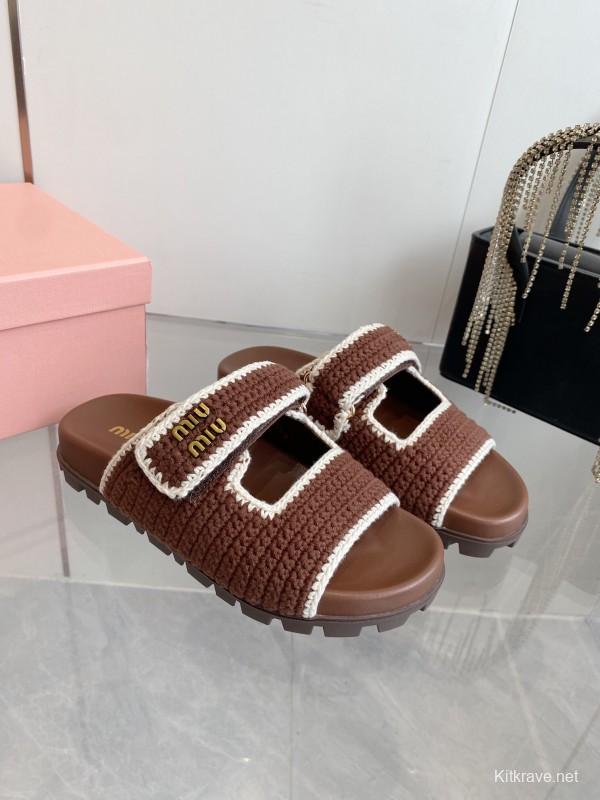 2025 Miu Miu Brown White Crochet Slippers KFY00290