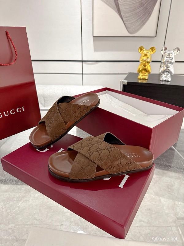 2025 Women Gucci Brown Suede Slippers GG Embossed AS00240