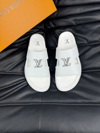 2025 Men Louis Vuitton White Leather Slippers AS00170