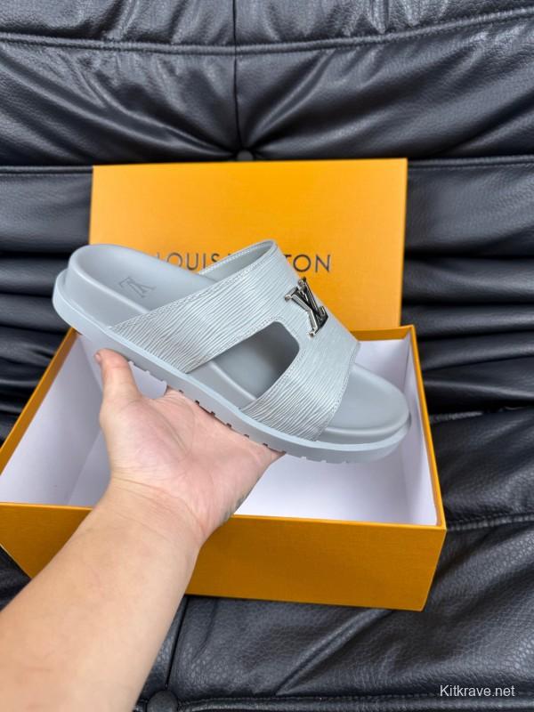 2025 Men Louis Vuitton White Leather Slippers AS00170