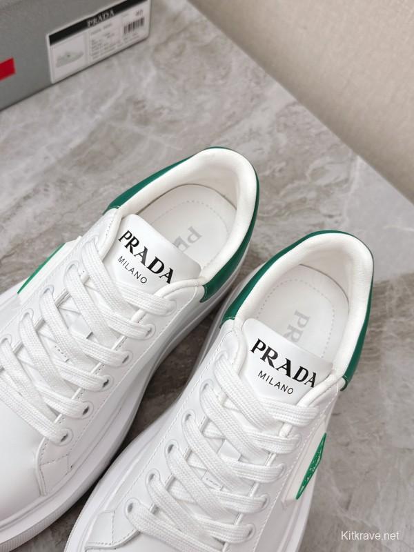 2025 Unisex Prada White Green Calf Leather Sneakers KFY00290