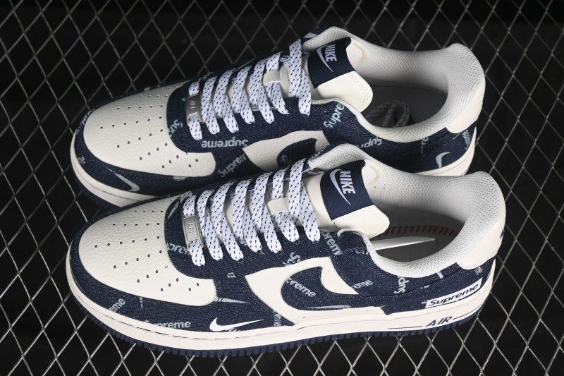 Nike Air Force 1 '07 Low Supreme Collaboration Blue Denim White Swoosh Casual Sneakers - LW9279-005