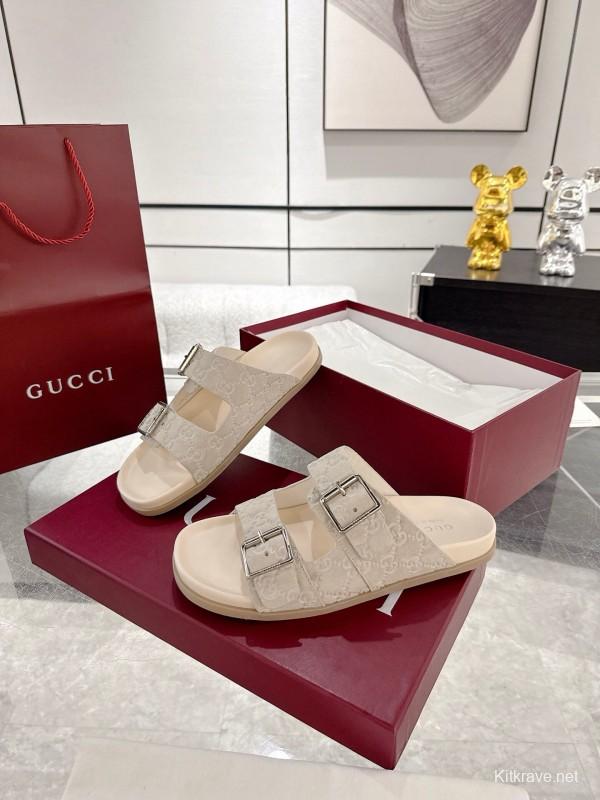 2025 Women Gucci White Leather Slippers Double G Embossed AS00240