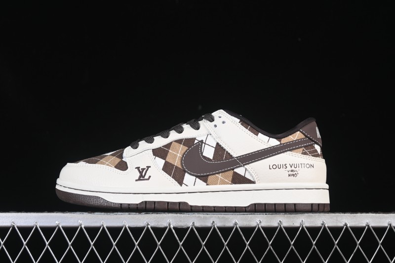 Nike SB Dunk Low LV Collaboration White Brown Grid High-End Custom Low-Top Casual Skate Shoes - SC0601-461