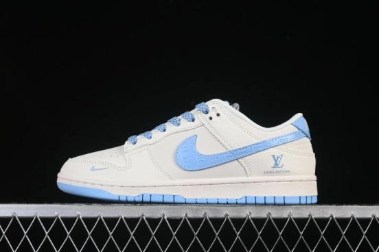 Nike SB Dunk Low LV Collaboration Off-White Ice Blue Print Anniversary High-End Custom Low-Top Casual Skate Shoes - JP1628-015