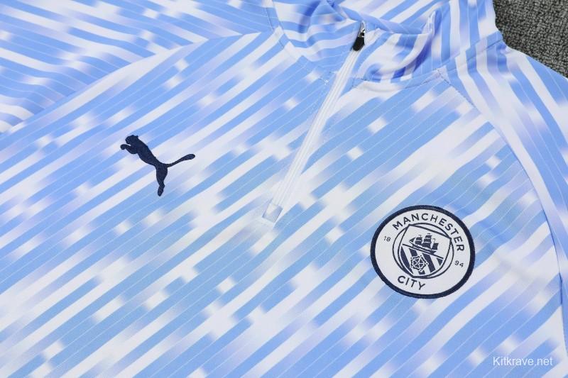 25/26 Manchester City White with Sky Blue Diagonal Stripes Half Zipper Jacket Tracksuit +Long Pants