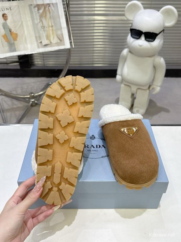 Prada Fall/Winter 2025 New Shearling Mule with Triangle Buckle Enclosed Toe - KFY00270