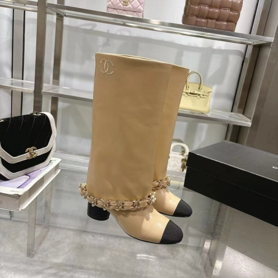 Chanel 2025/SS Autumn/Winter Runway Turned-Cuff Large Chain Block Heel Boots - LY00510