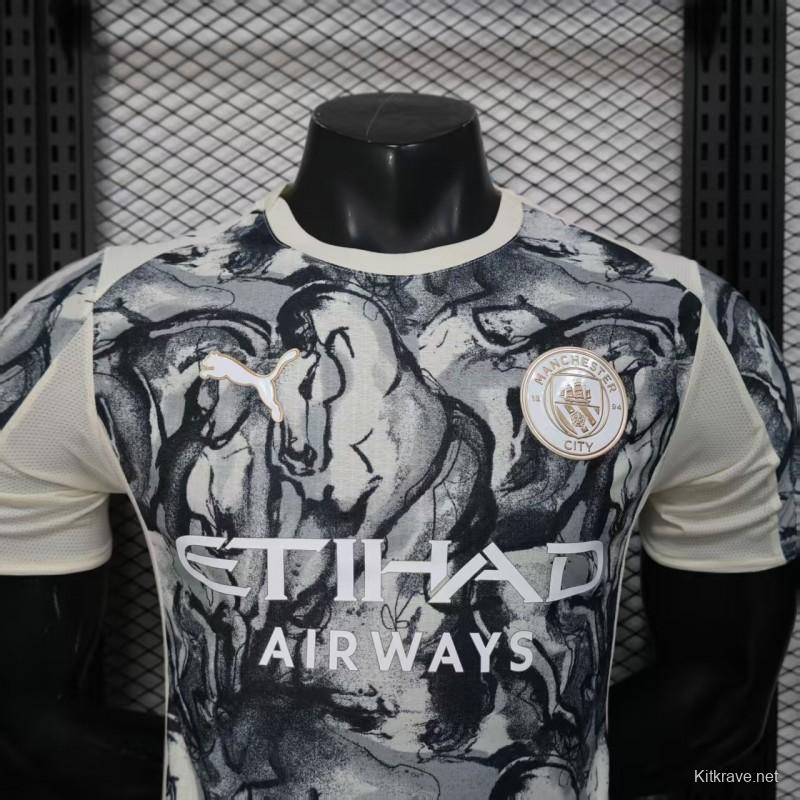 25/26 Player Version Manchester City White with Black Marble Abstract Art Pattern Jersey