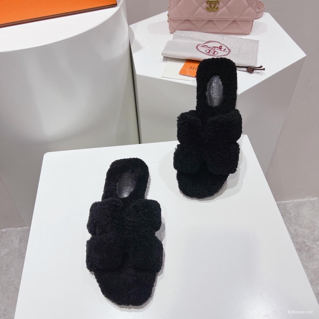 H Teddy Wool H Slippers Flat Sole Winter Edition - LY00240