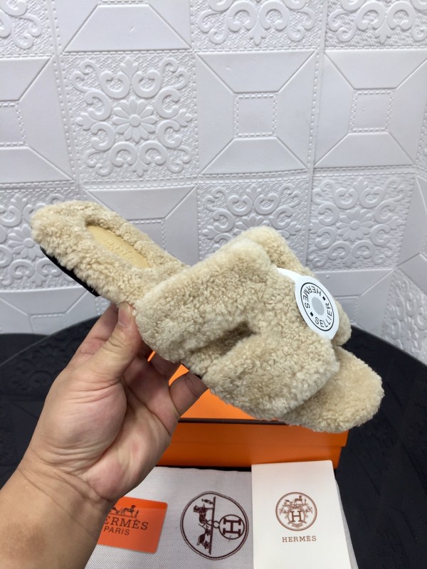 H Teddy Wool H Slippers Flat Sole Winter Home Shoes - LY00240