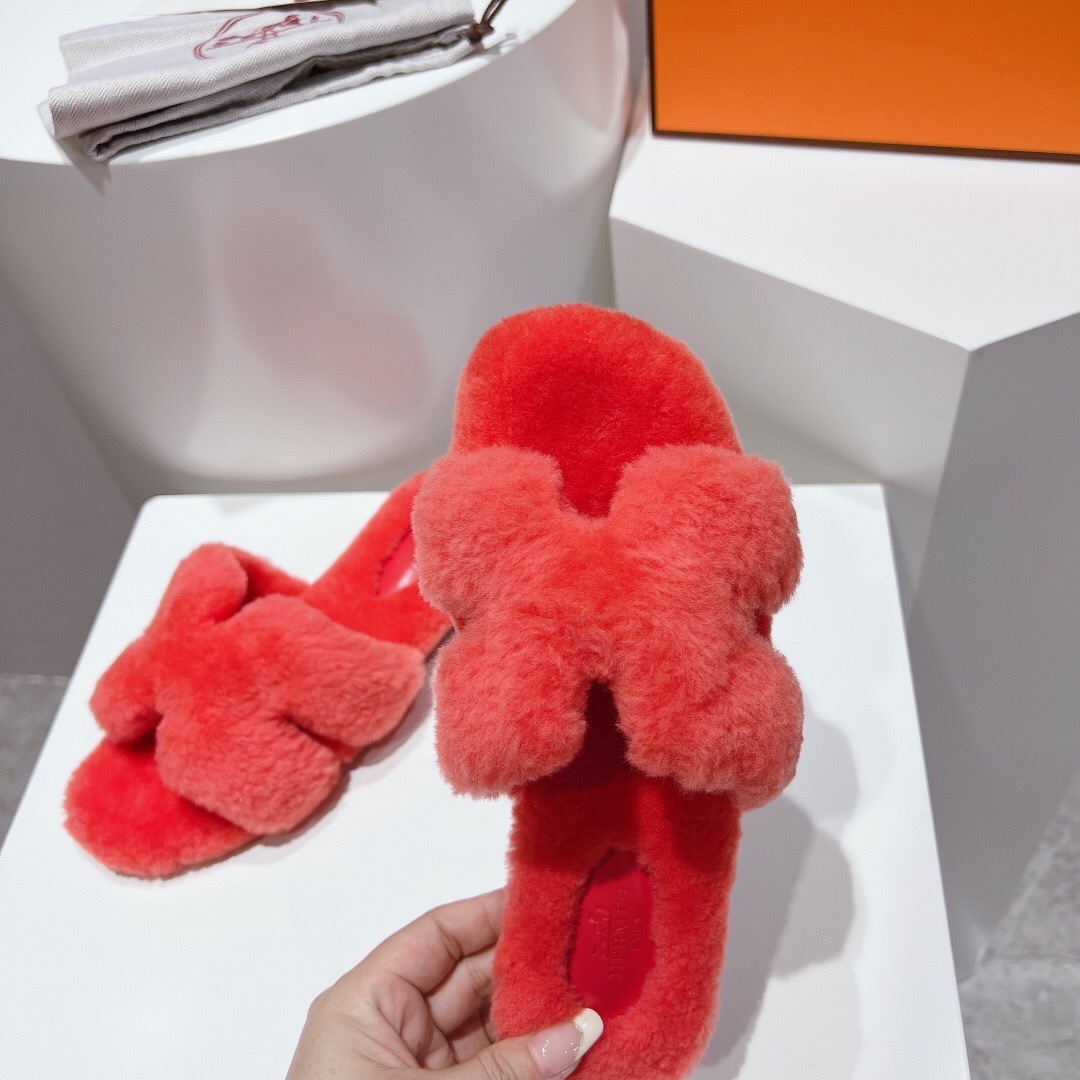 Hermès Teddy Wool H Slippers Flat Sole Fur Slides - LY00240
