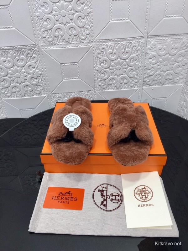 H Eiderdown Teddy Wool H Slippers Flat Sole Winter Home Shoes - LY00240