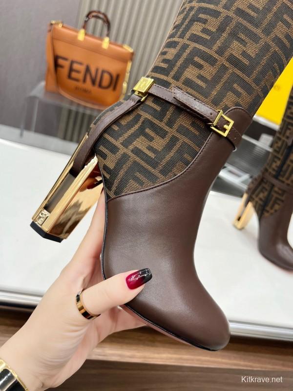 FENDI Delfina Round Toe Boots with FF Buckle and Heel Detailing - LY00