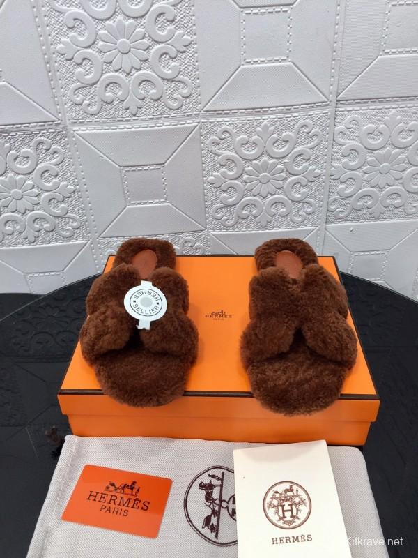 H Teddy Wool H Slippers Flat Sole Winter Fur Slippers - LY00240