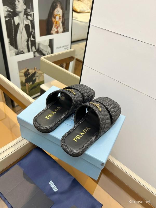 Prada 2025 SS Raffia Handwoven Open-Toe Sandals - KFY00260