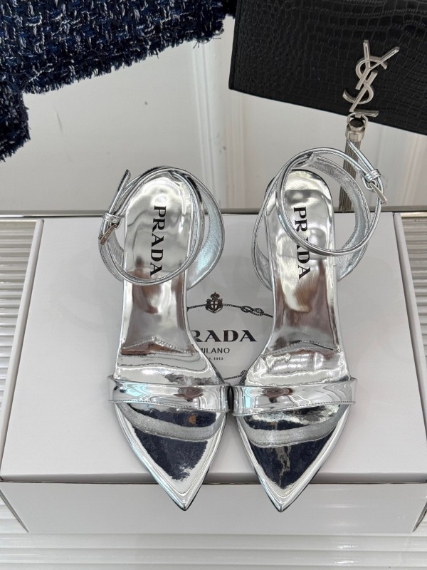 Prada 2025 SS Pointed Toe High Heel Sandals with Triangle Buckle - KFY00280