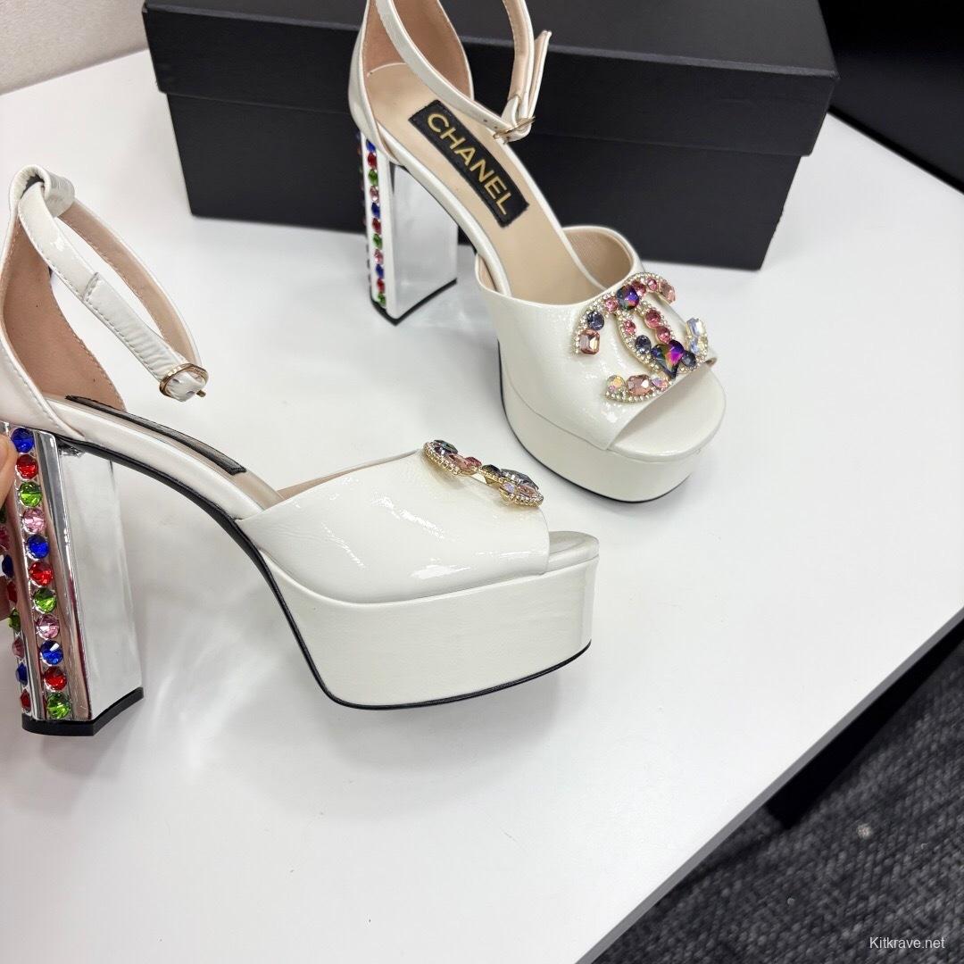 Chanel 2025/SS Glamorous Rhinestone Chunky Heel Platform Strappy Sandals - KFY00350