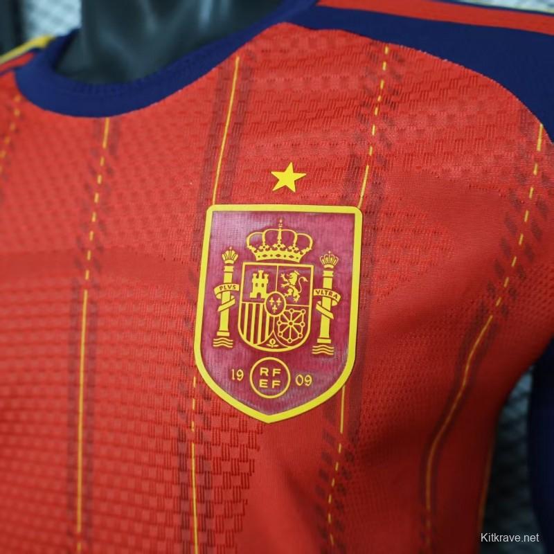 Player Version 2026 Spain Home Long Sleeve Red with Vertical Stripe Pattern Jersey