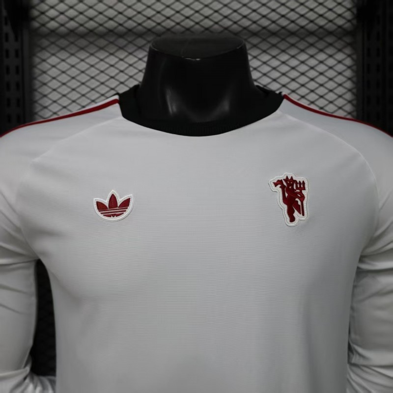Player Version 2026 Manchester United Away White with  Red Shoulder Stripe Long Sleeve Jersey