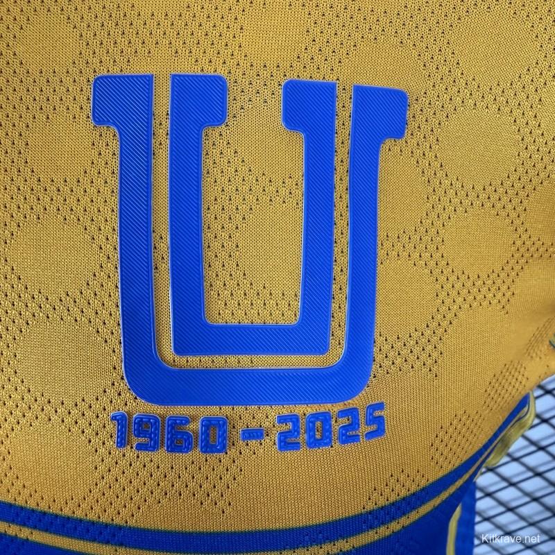 Player Version 25/26 Tigres UANL Gold with Blue Chest Band, 65th Anniversary Badge & Sportiumbet Jersey