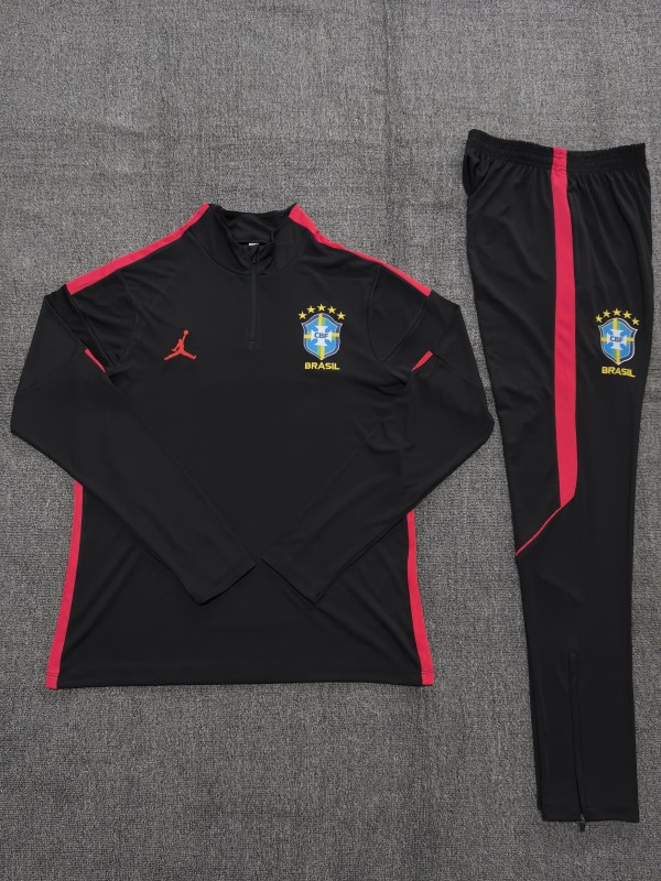 26/27 Kids Brazil Black & Red Half Zipper Jacket Tracksuit + Long Pants