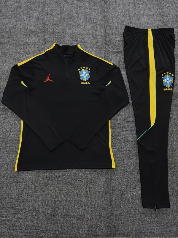 2026 Kids Brazil Black & Yellow Half Zipper Jacket Tracksuit + Long Pants