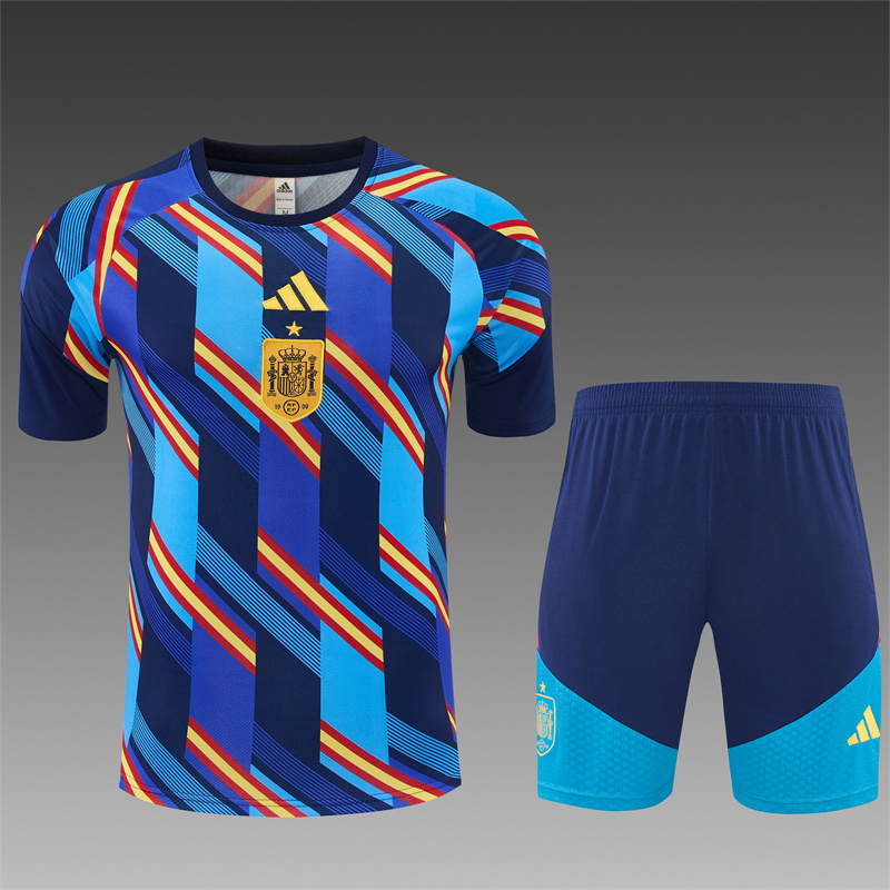 2026 Spain Navy Blue Multi-Color Diagonal Stripe Short Sleeve+Soccer Shorts
