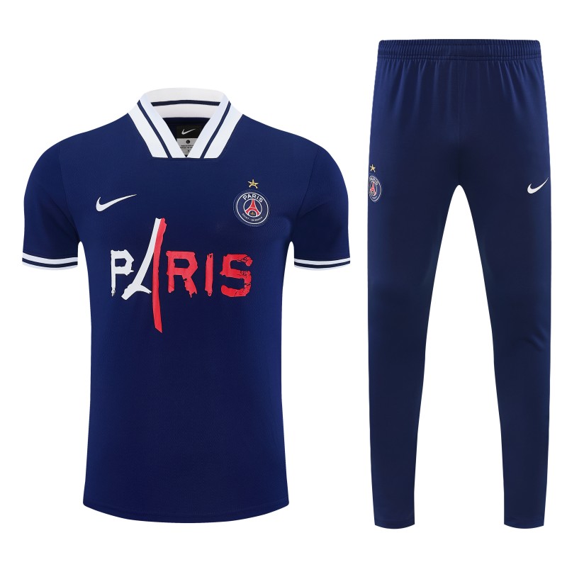 26/27 Paris Saint-Germain Navy Blue with "PARIS" Eiffel Tower Short Sleeve Tracksuit + Long Pants