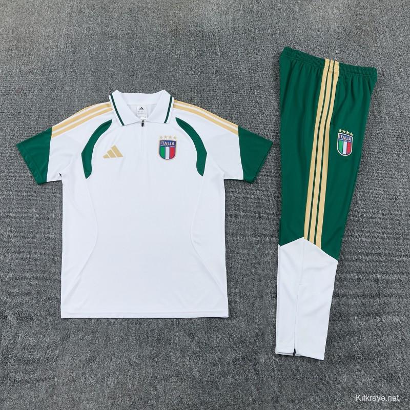2026 Italy White & Green Half-Zip Polo Short Sleeve Tracksuit + Long Pants