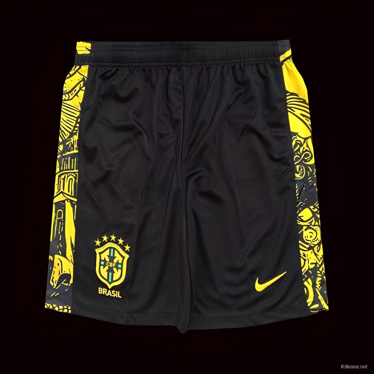 2024 Brazil Copa America Black Yellow Goalkeeper Shorts