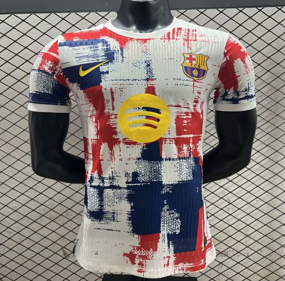 Player Version 25/26 FC Barcelona White with Red & Blue Brushstroke Pattern Jersey