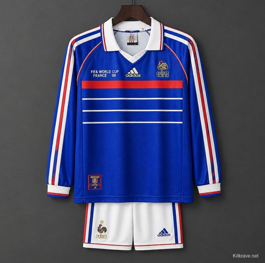 Retro Kids 1998 France Home Long Sleeve Jersey