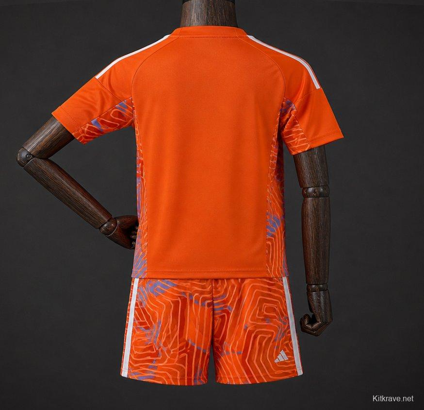 26/27 Kids Juventus Orange with Abstract Maze Pattern Goalkeeper Jersey Set