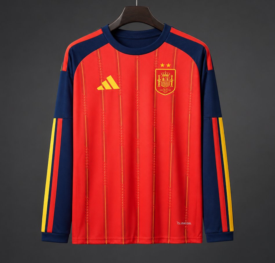 2 Star 2026 Spain Home Long Sleeve Jersey With Champion Patch