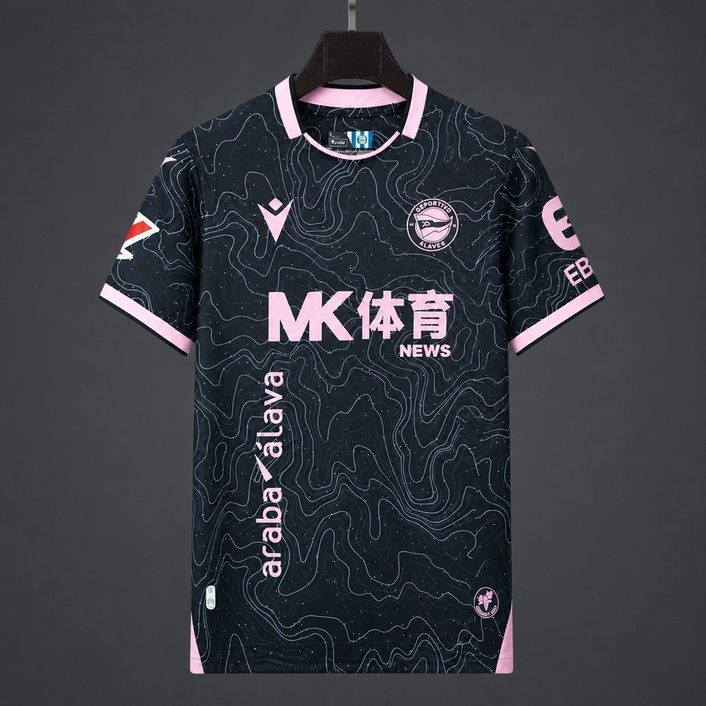 26/27 Deportivo Alavés Black with Pink Topographic Pattern Away Jersey