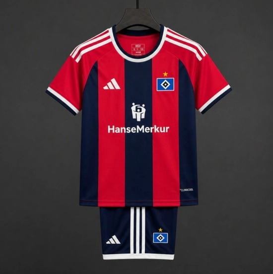 26/27 Kids Hamburger SV Third Red Black Stripes Jersey Kit